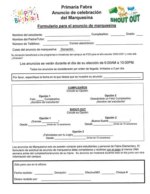 Spanish Marquee Announcement Form 